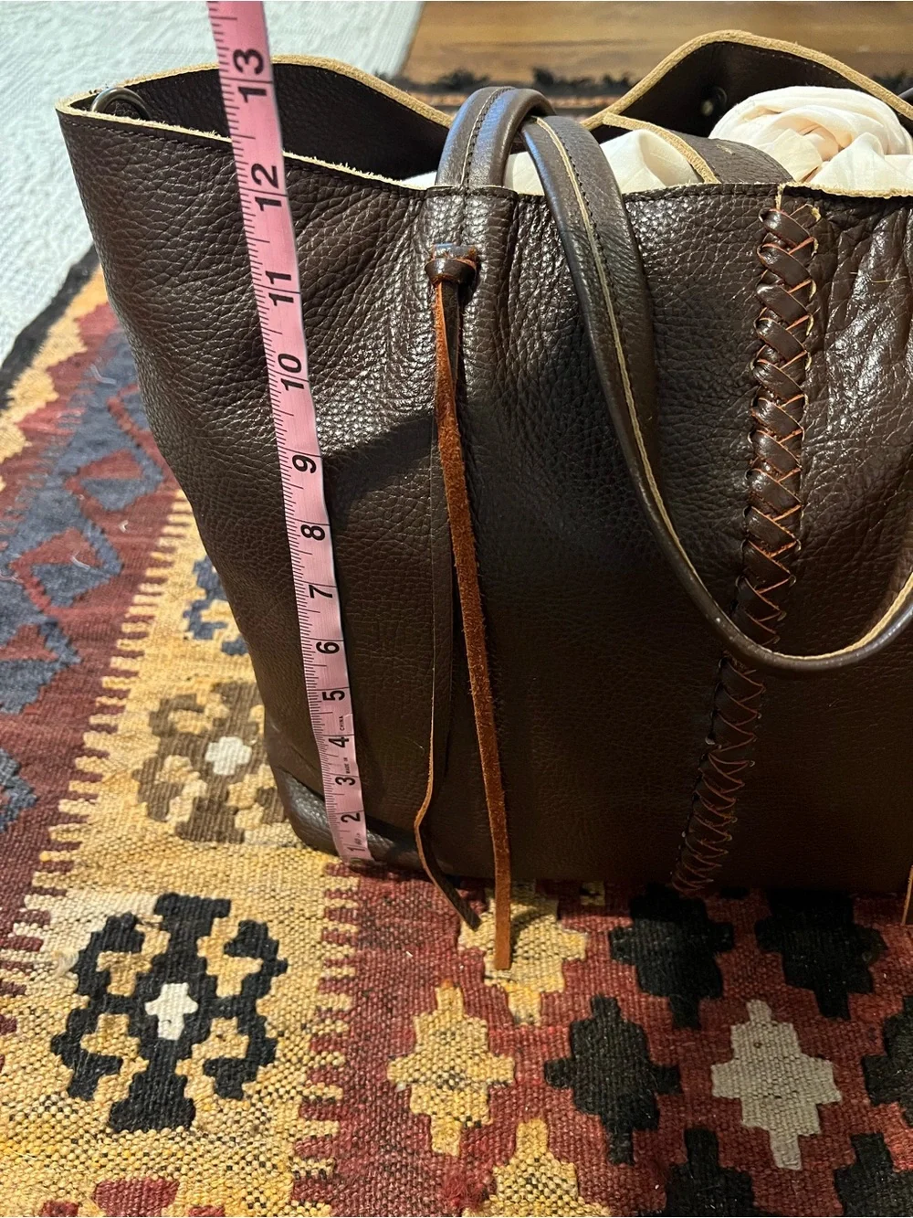 Women's Dark Brown Leather Tote Bag with Braided Center Detail